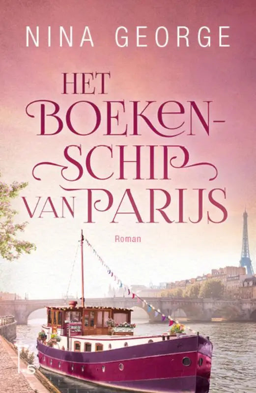 Het boekenschip van parijs een maroon en wit riverboat met houten details en bloembakken voor de nederlandstalige paperback nina george