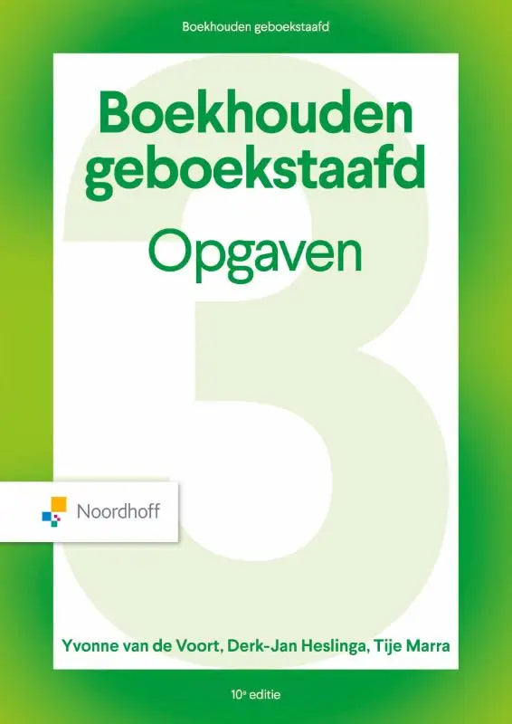 Groene en witte boekcover van boekhouden geboekstaafd 3 opgaven 10e editie met grote gestileerde nummer drie op achtergrond