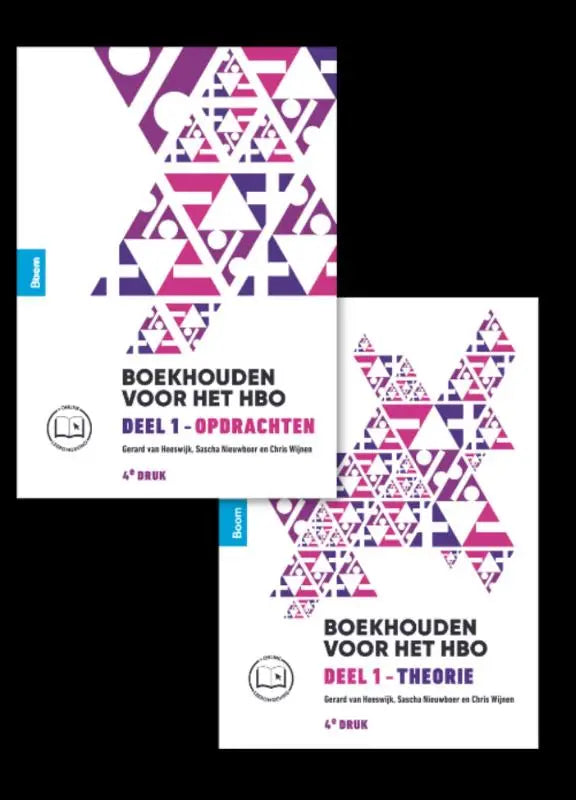 Twee hbo deel 1 studieboeken met witte kaften en geometrisch patroon in paars en roze van boom uitgeverij