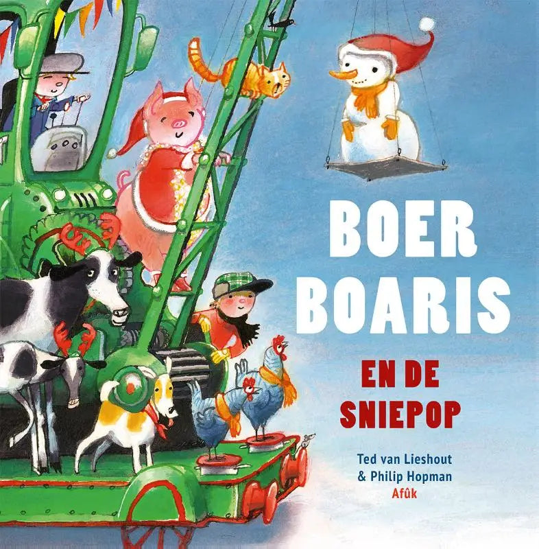 Feestelijk kinderboek boer boaris met groene tractor en kerstfiguren voor jonge lezers