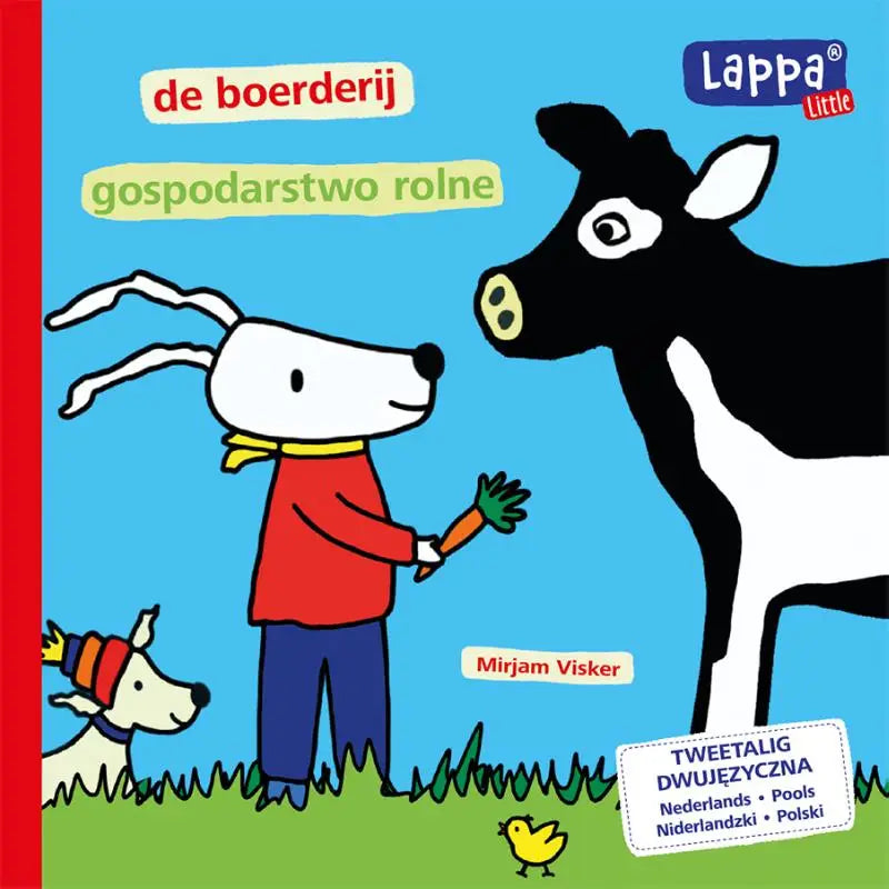 Een zwartwitte koe met een gele neus staat op de voorkant van het kinderboek de boerderij - gospodarstwo rolne