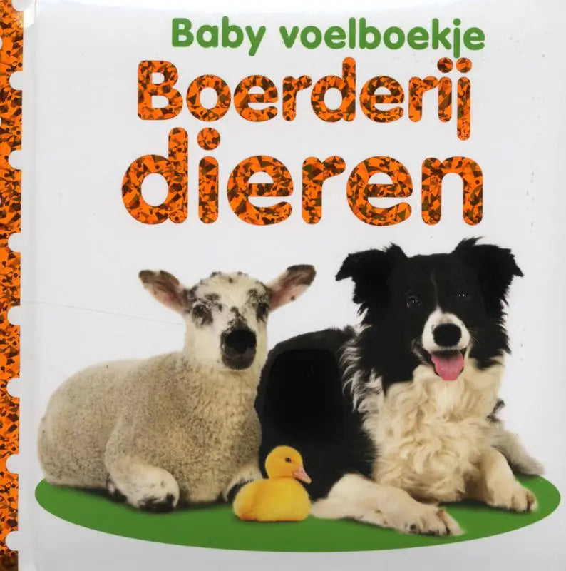 Een zachte zwart-witte border collie puppy met flaporen zit naast een pluizig lam op de boerderijdieren kinderboekcover voor jonge lezers