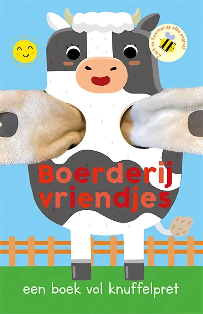 Een charmant zwart-wit koe vormig kartonnen boek met speelse uitsparingen en de titel boerderijvriendjes, perfect voor jonge lezers
