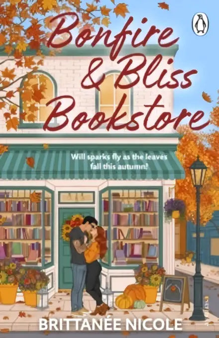 De boekomslag van bonfire and bliss bookstore door brittanie nicole toont een herfstillustratie met pompoenen en een omhelzend paar