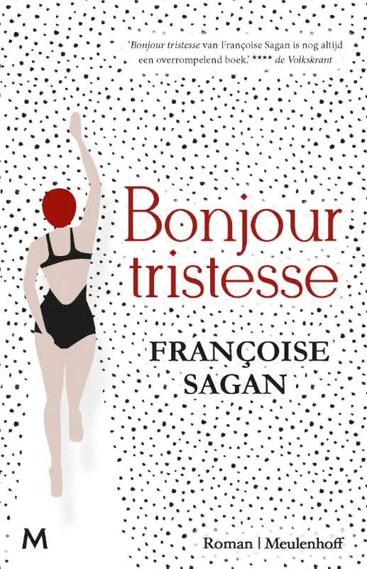 De boekcover van bonjour tristesse door françoise sagan toont een minimalistische vrouw in zwarte badkleding op een witte achtergrond