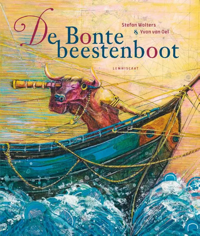 Illustratief boekcover van de bontebeestenboot door stefan wolters met een roze spierbundel stier en een telescoop