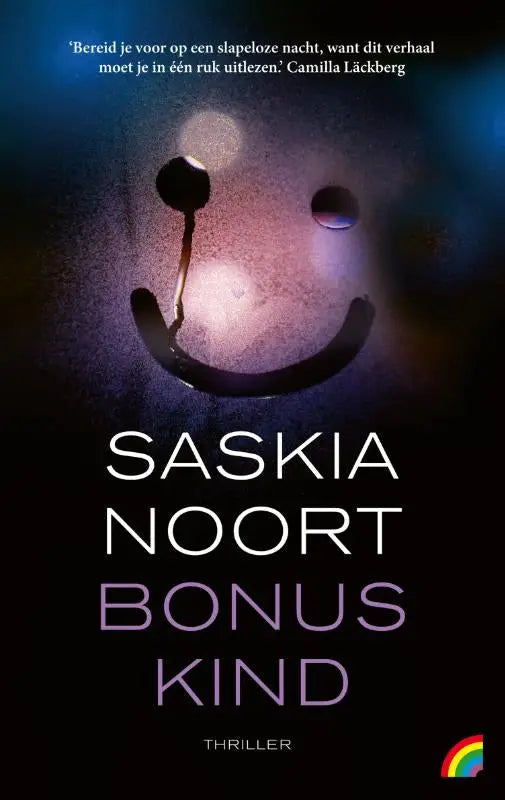 De boekcover van bonuskind door saskia noort toont een glimlachend gezicht met gloeiende ogen op blauwe achtergrond literaire thriller