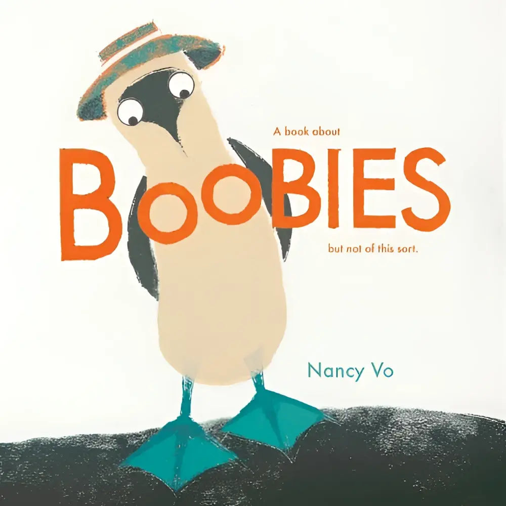 Een geïllustreerde pinguïn met strohoed en teal zwemvliezen op een donkere ondergrond voor jonge lezers product boobies