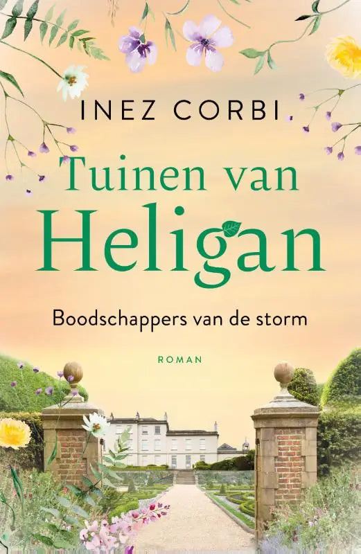 Boekcover van boodschappen van de storm met wit stenen herenhuis, bakstenen pilaren en pastelkleurige aquarel bloemen