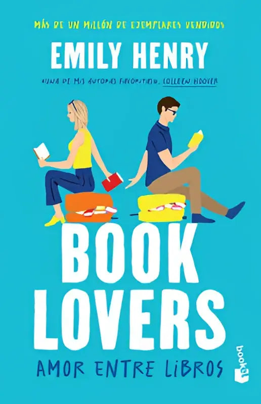 Heldere blauwe boekomslag van de roman book lovers amor entre libros met illustraties van lezende personen