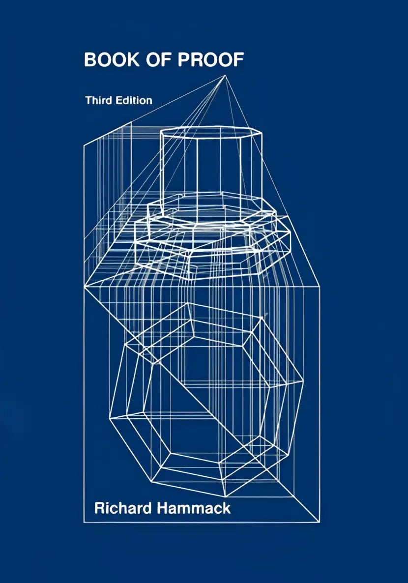 De voorkant van het boek book of proof derde editie door Richard Hammack toont een witte lijntekening op een diepblauwe achtergrond