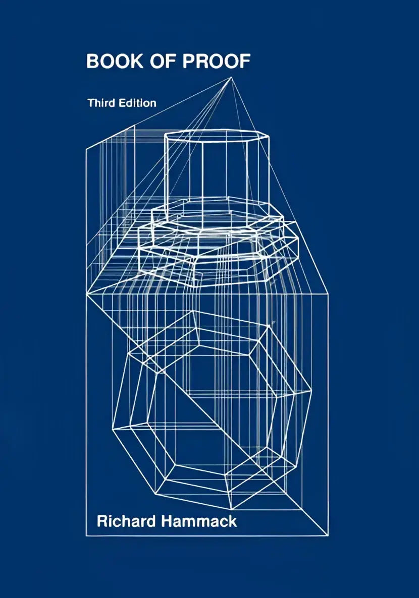 De cover van het boek book of proof derde editie door richard hammack toont een witte wireframe geometrische illustratie op een blauwe achtergrond geschikt voor abstracte vakken