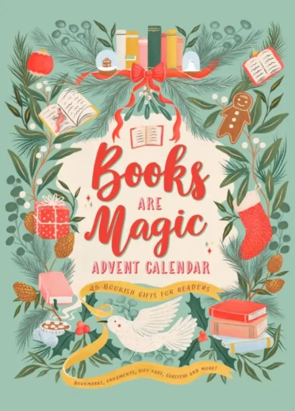 Een feestelijke adventskalender cover met boeken zijn magie in rode letters, omringd door geïllustreerde boeken en kerstversieringen, perfect voor bookish gifts en gifts for readers