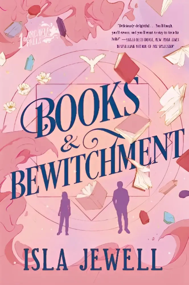 Het boek covers van books and bewitchment door isla jewell met zachte roze achtergrond en arcadia falls thema