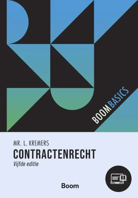 De cover van boom basics contractenrecht toont een moderne geometrische vormgeving met zwarte, blauwe en teal driehoeken op een donkere achtergrond