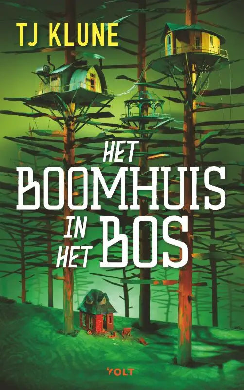 Het boomhuis in het bos boekcover met karaktergedreven fantasy illustratie van boomhutten in hoge bomen