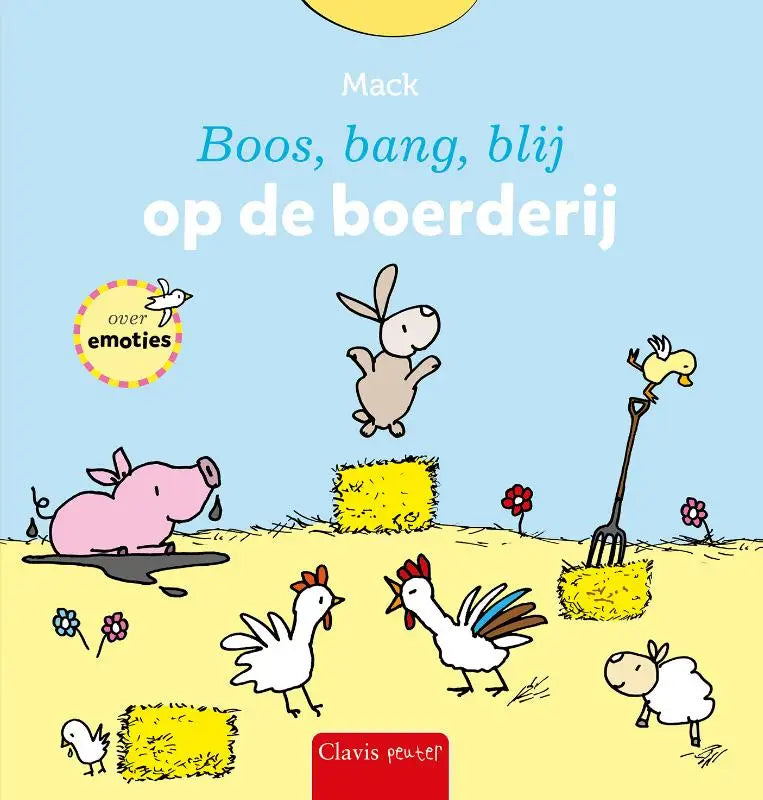 Kinderenboekcover met cartoonboerderijdieren onder een gele zon boos bang blij op de boerderij voor jonge lezers