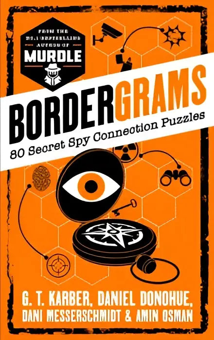 Oranje en zwarte bordergrams puzzelboek met spionagethema illustraties zoals oog kompas en verrekijker