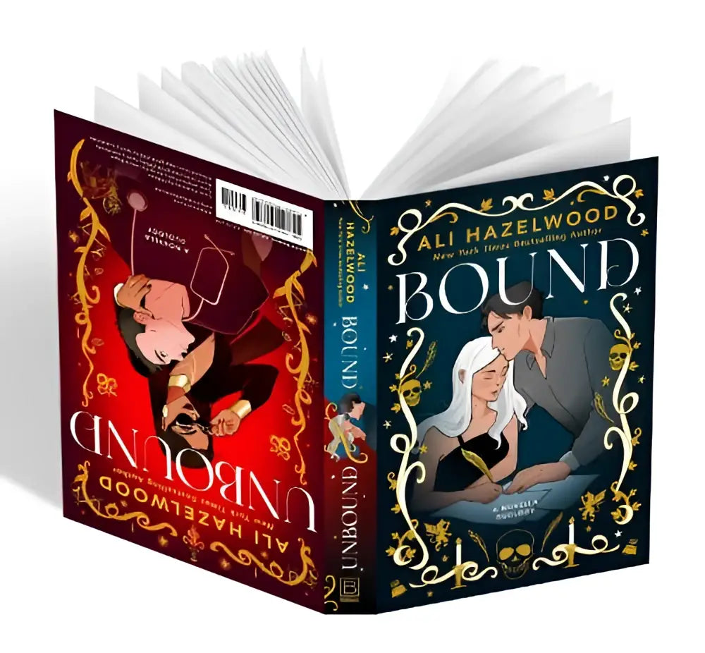 De hardcoverboek bound door ali hazelwood met een donkerblauw en rood omslag en gouden romantische illustraties in bound and unbound