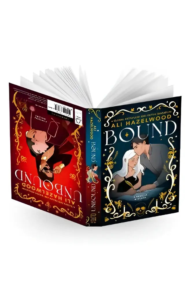 The book bound by ali hazelwood features a red and black cover with ornate gold detailing in bound and unbound