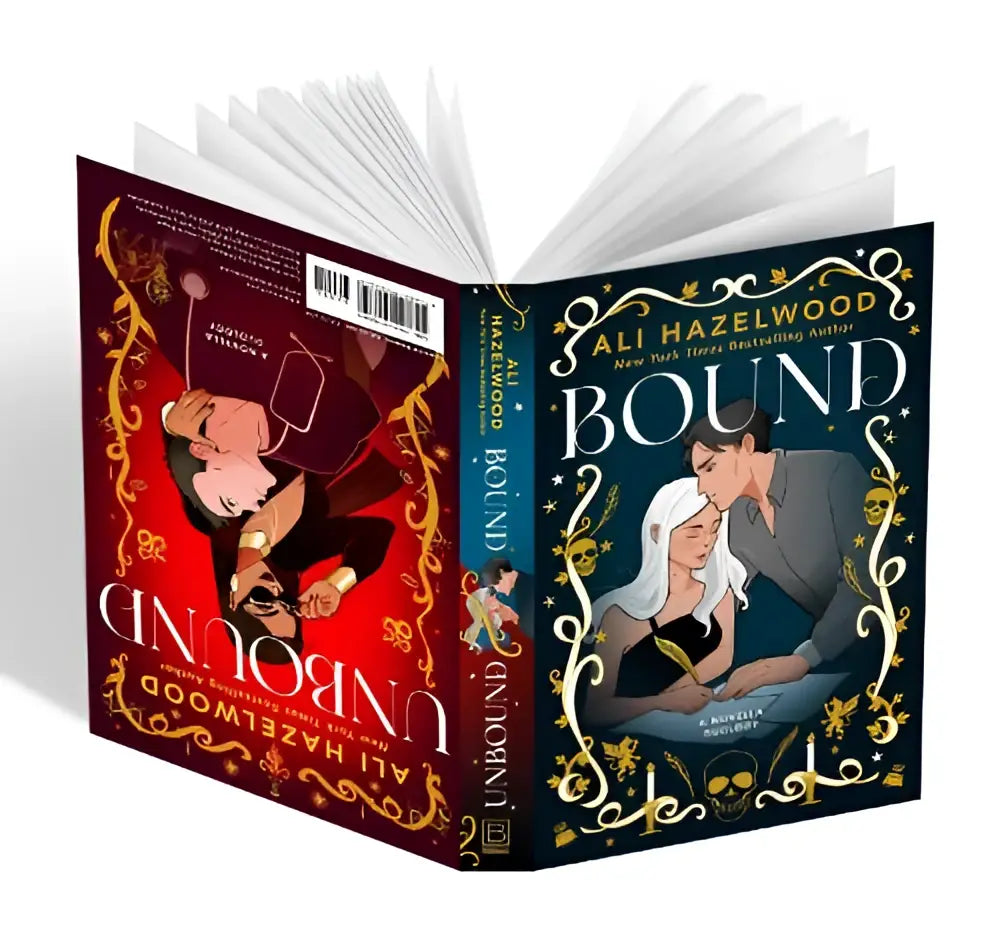 Boek bound van ali hazelwood met een rood en blauw omslag en gouden illustraties in bound and unbound productlijn