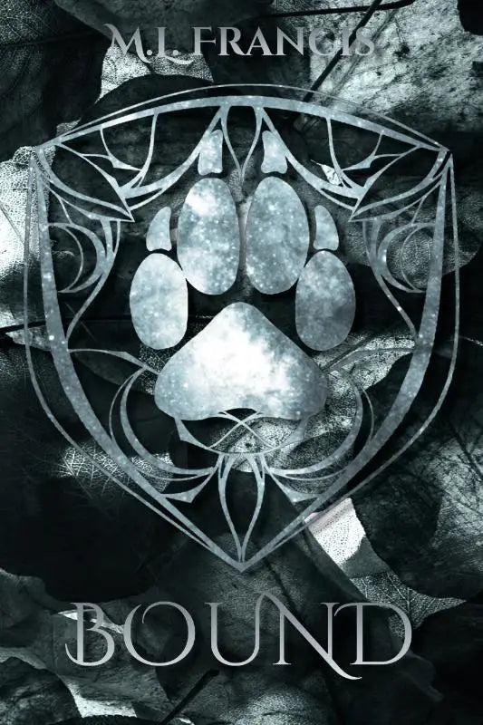 Zilverkleurig, gedetailleerd pootafdrukembleem in een sierlijk schildvormig frame van de moonclaw series bound