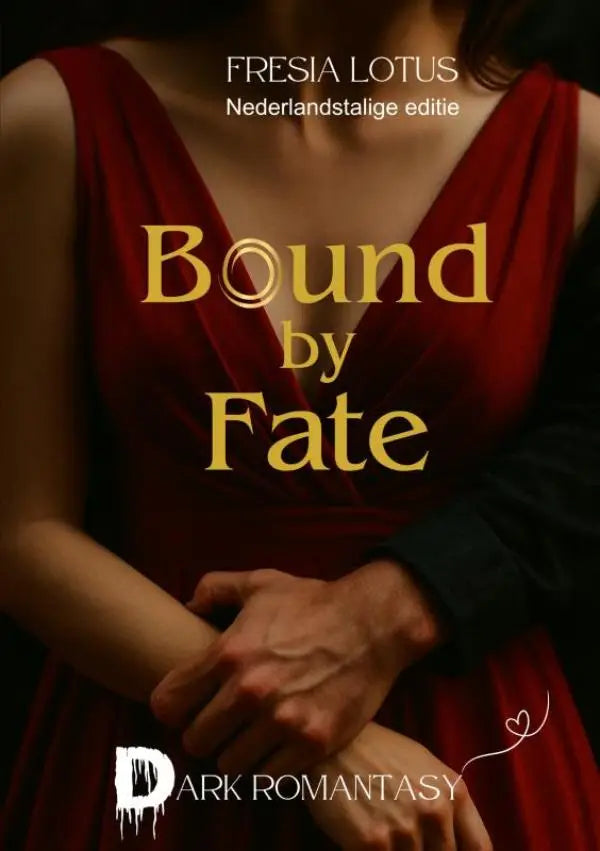Een vrouw in een diep rood, mouwloos jurk met een decolleté voor bound by fate nederlandstalige editie