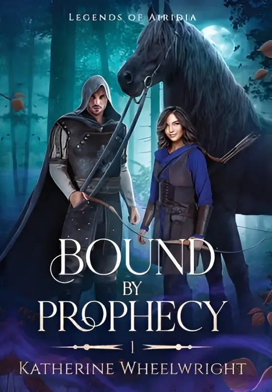 De cover van het boek Bound by Prophecy toont twee personages in middeleeuwse harnassen naast een zwarte paard in een maanverlichte bos