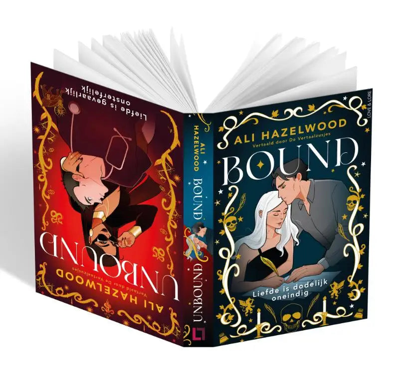 Hardcover boek bound van ali hazelwood met rood en zwart omslag en gouden ornamenten in bound unbound collectie