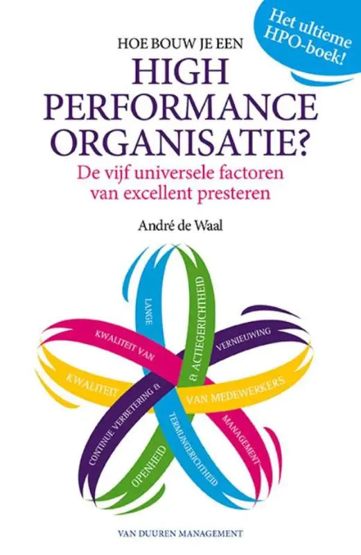 The book cover of hoe bouw je een high performance organisatie features a vibrant multi-colored abstract design with interwoven ribbons