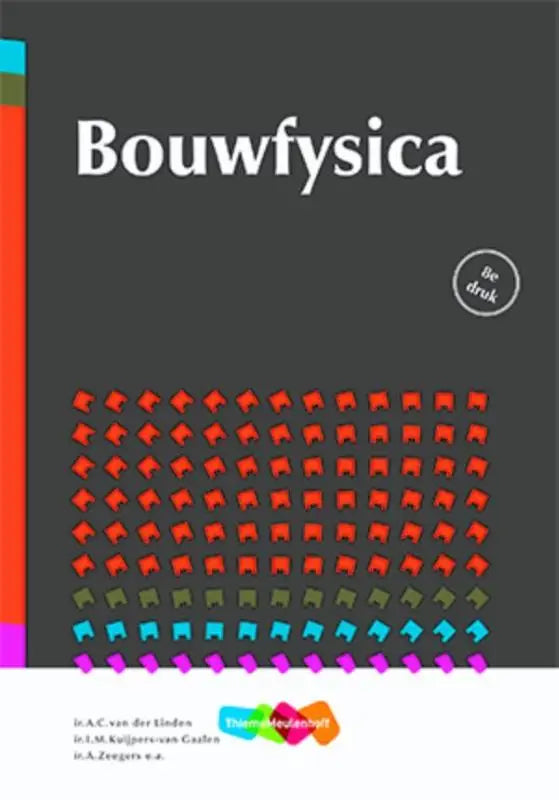 Donkergrijze boekomslag bouwfysica met raster van rode groene en blauwe pijlpictogrammen in rijen