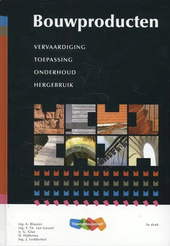 Zwart boekcover met witte tekst en collage van gekleurde bouwmaterialen voor educatieve uitgaven algemeen