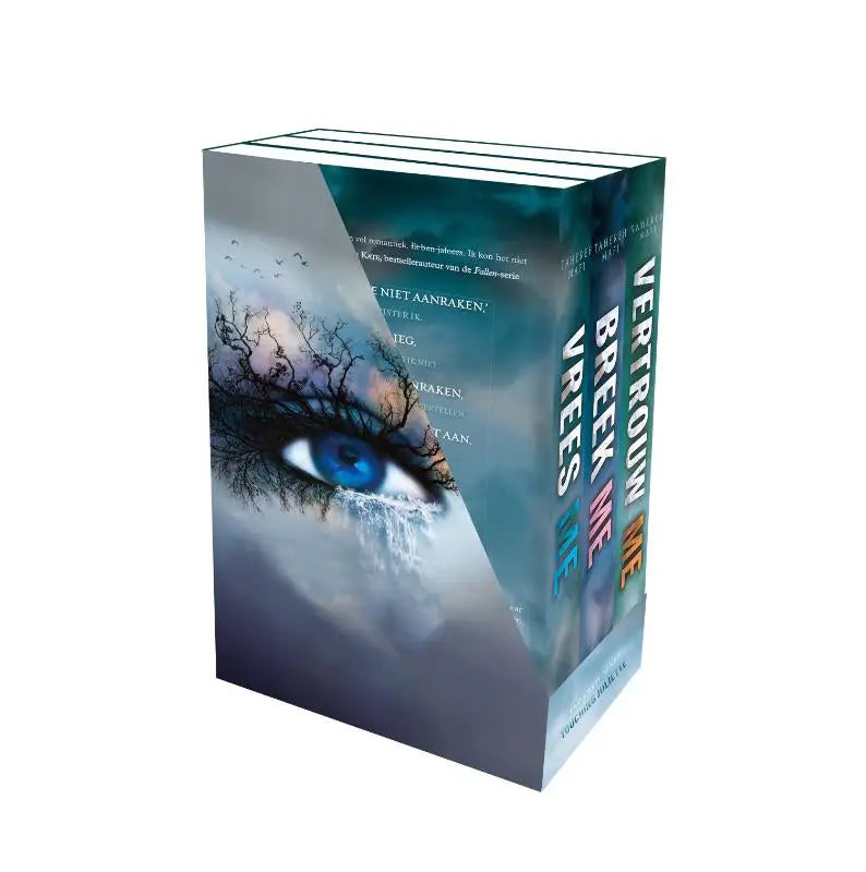 Strak ontworpen boxset vrees me breek me vertrouw me met drie glossy boeken en een levendige blauwe oog afbeelding