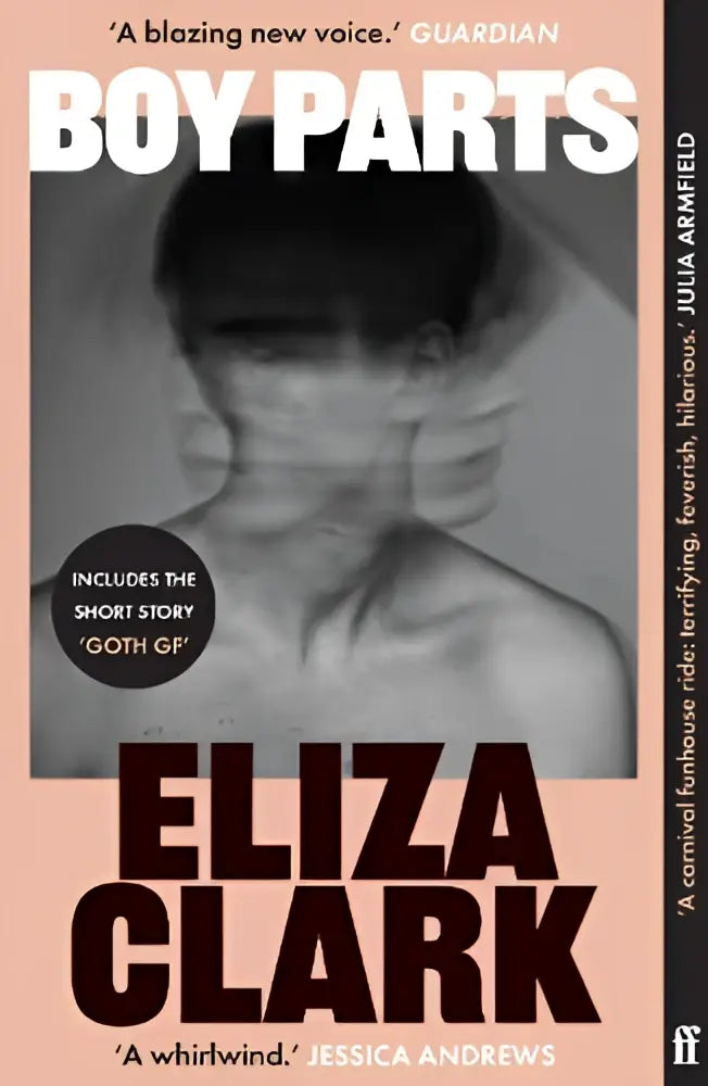 De boekcover van boy parts van eliza clark toont overlappende mannengezichten tegen een perzikkleurige achtergrond van de auteur van penance