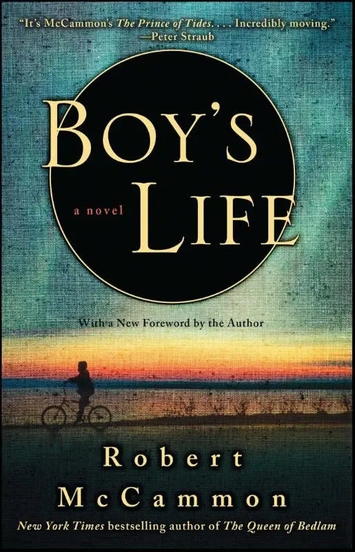 Boekcover van boys life met titel in gouden letters op zwart cirkelvormig vlak, tegen een zonsondergang met een jongen op een fiets