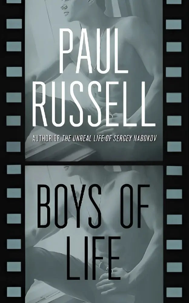 De voorkant van het boek boys of life door paul russell met zwart-wit filmstripontwerp en witte tekst