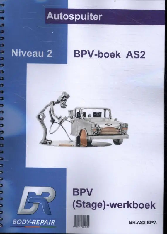 Zilver metalen sculptuur van een auto die wordt gewassen door een robotfiguur op het bpv boek autospuiter cover