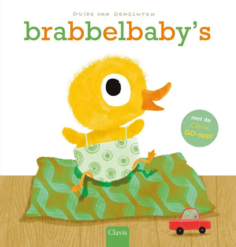 Een vrolijke gele eend in een groen patroonluier zit op een textiel deken met de titel brabbelbaby’s voor jonge lezers