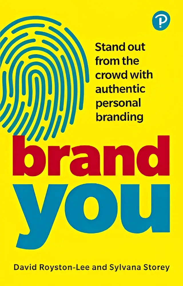 Helder gele boekcover van brand you met een blauwe vingerafdruk en roodblauwe tekst door david royston-lee en sylvana storey