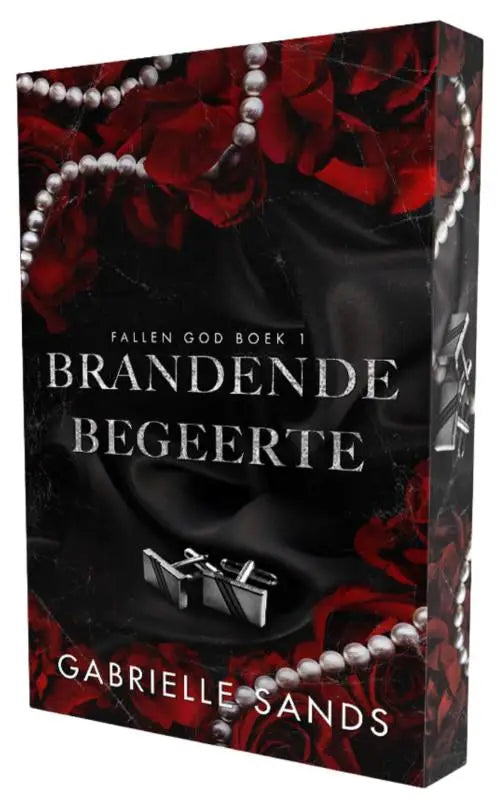 Black hardcover book brandende begeerte by gabrielle sands with red rose and silver pearl design for steamy romance readers