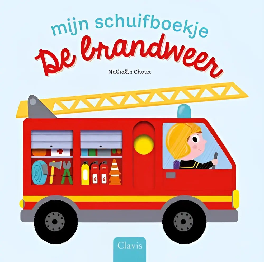 Rood brandweerwagen speelgoed met gele ladder en cartoon brandweerman chauffeur in nathalie choux nederlandstalig hardback de brandweer