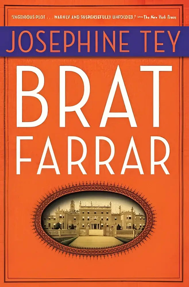 De boekcover van brat farrar heeft een felle oranje achtergrond met witte serif titel en een sepia illustratie van een landgoed