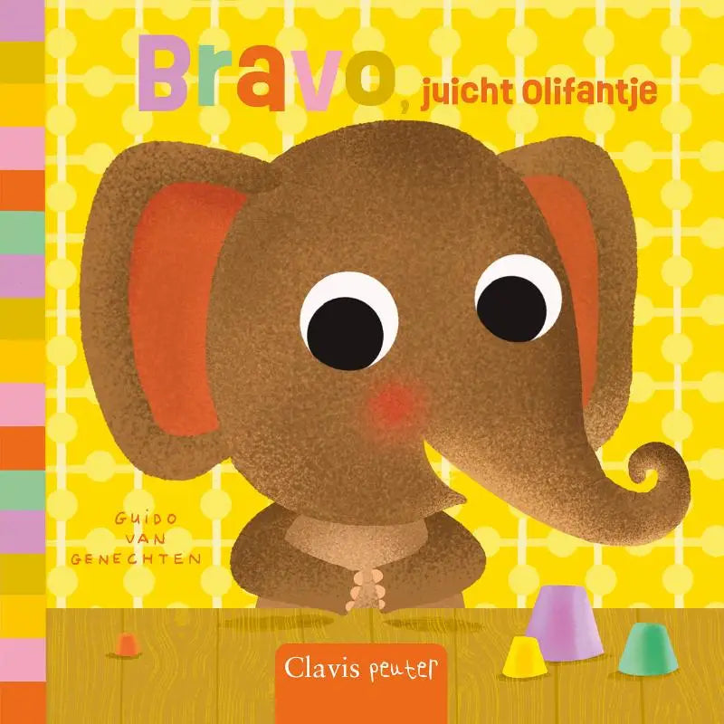De cover van bravo juicht olifantje toont een charmante bruine olifant met oranje binnenoren en rode blos voor jonge lezers