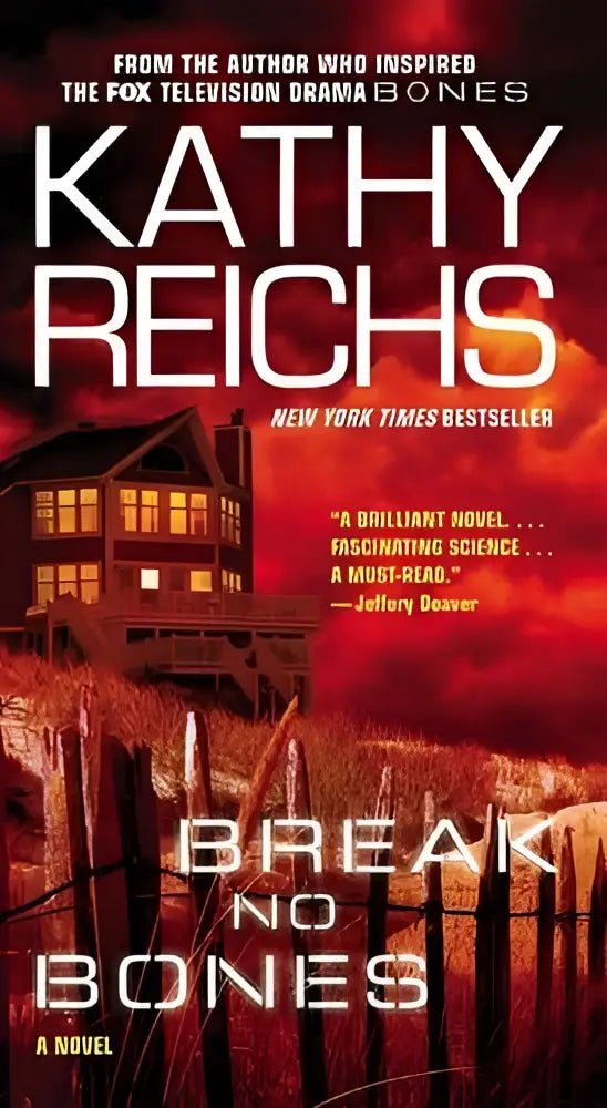 De boekcover van break no bones van kathy reichs toont een donker spookhuis met gloeiende ramen en een vurige rode lucht