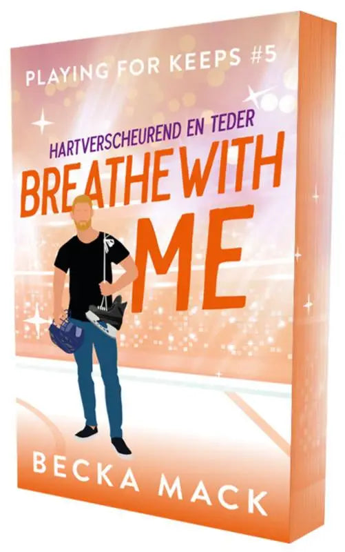 Orange en witte boekomslag van breathe with me door becka mack met man in zwart shirt en blauwe jeans, nederlands hockey romance