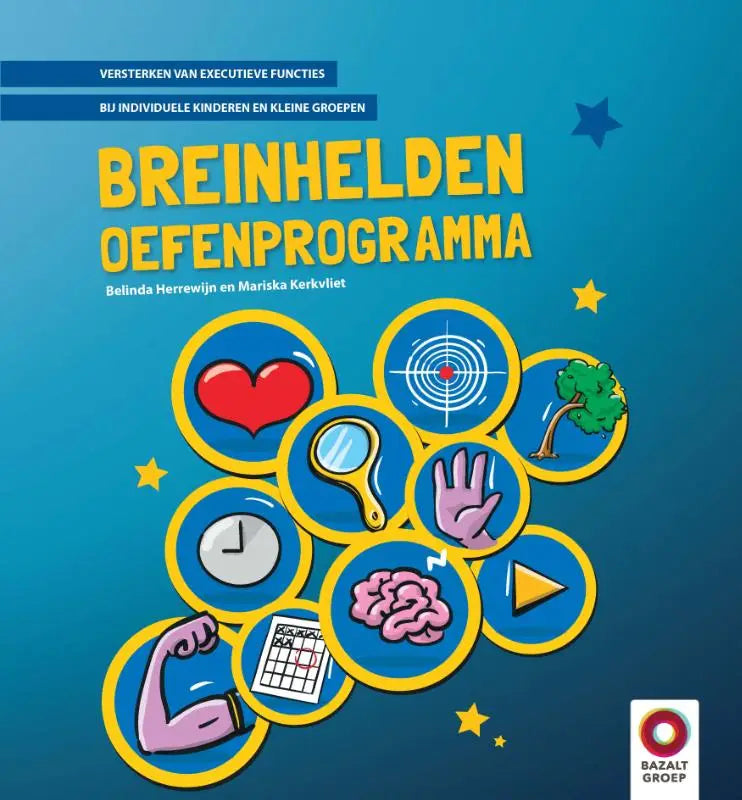 Blauwe cover van het breinhelden oefenprogramma werkboek met gele iconen voor executieve functies bij kleine groepen