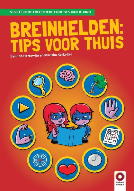 Helderrode boekcover breinhelden toont cartoon kinderen met blauwe superheldenmaskers en iconen rond executieve functies