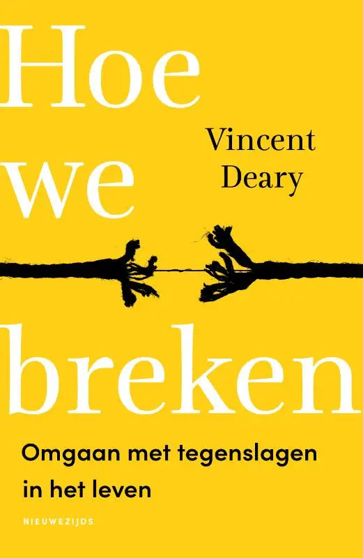 Heldere gele boekomslag met witte tekst en zwarte illustratie van gebroken takken over omgaan met tegenslagen in het leven