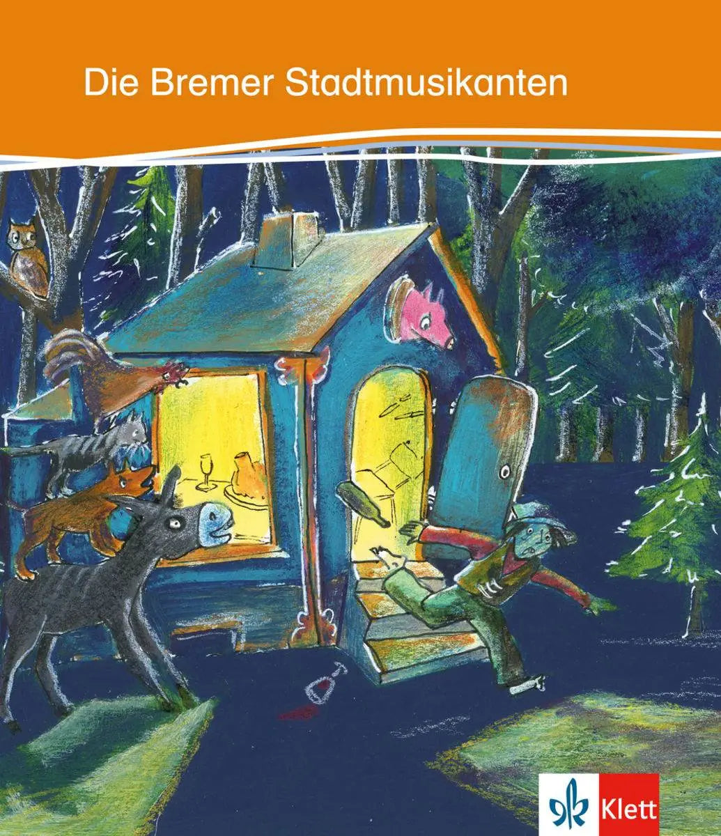 Een blauw houten huis met een groen dak en gele ramen omringd door bosdieren in die bremer stadtmusikante a1-a2