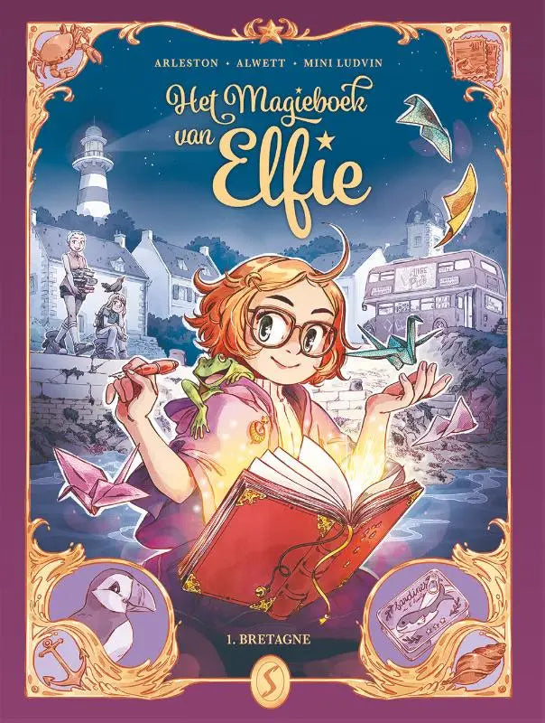 De cover van het kinderboek het magieboek van ellie toont een open rood boek in een fantasierijke stijl door christophe arleston